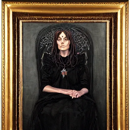 Image similar to portrait of a witch, dressed in black clothes, embroidered with gold, by donato giancola.