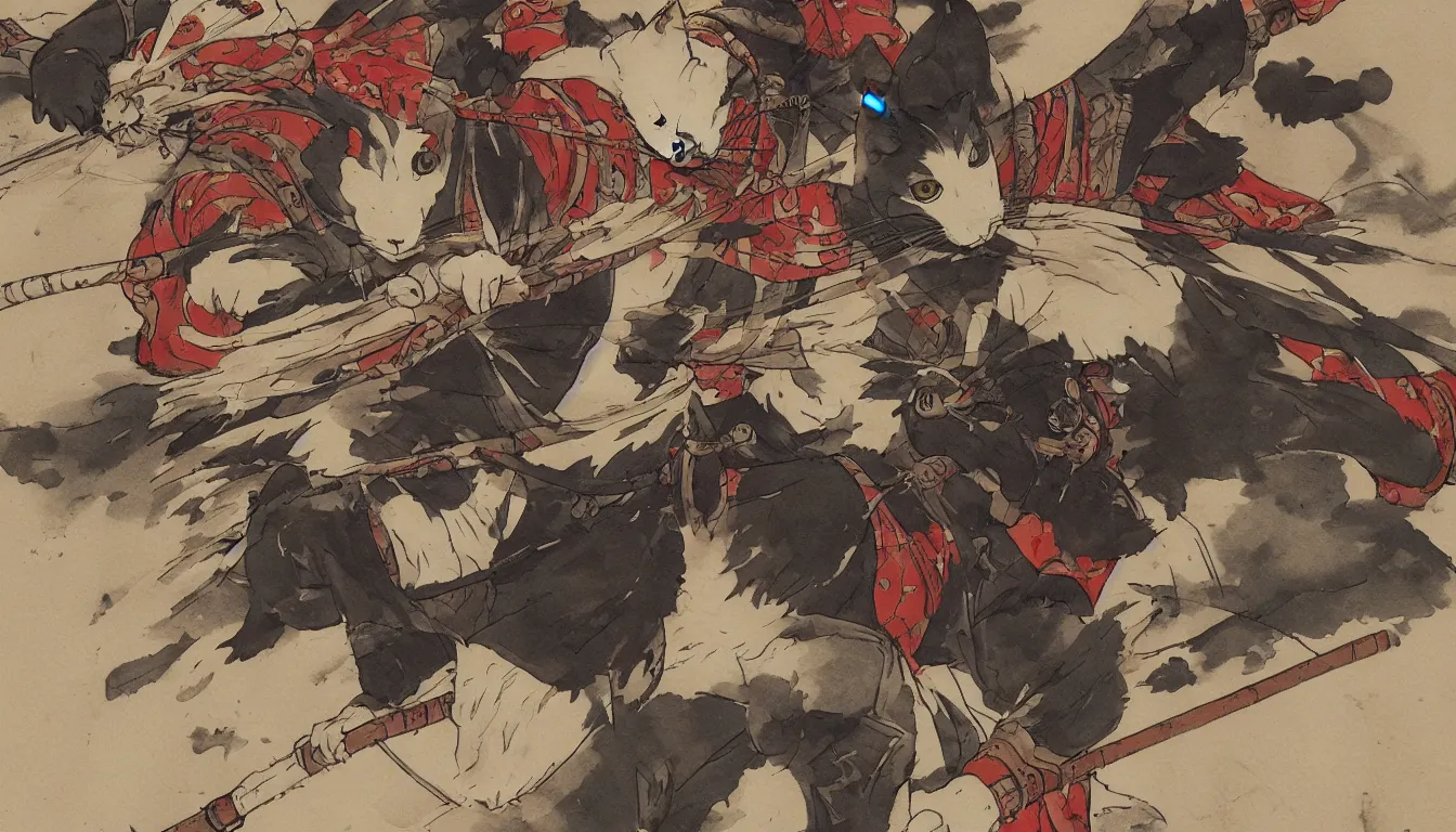 Image similar to a cat dressed as a samurai, epic scene, ultra detail, anime style