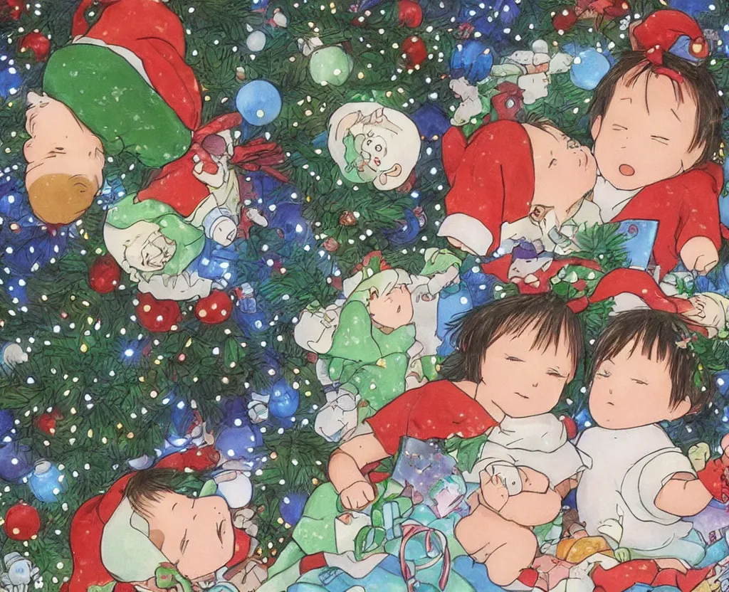 Image similar to Two twin babies in a gift box, christmas lights, very detailed, art by Studio Ghibli