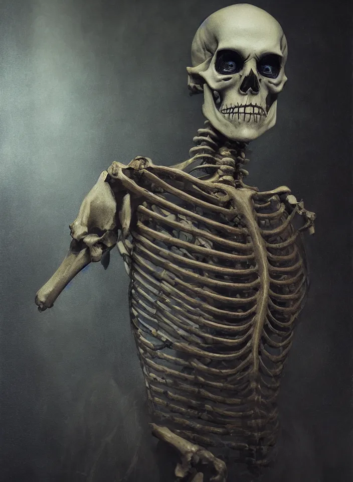 Prompt: a portrait of an undead skeleton mage from skyrim, fantasy setting, dark environment, serene colors, soft lighting, atmospheric, cinematic, moody, in the style of diego koi, gina heyer, luiz escanuela, art by alyssa monk, hyperrealism, rule of thirds, golden ratio, oil on canvas, 8 k