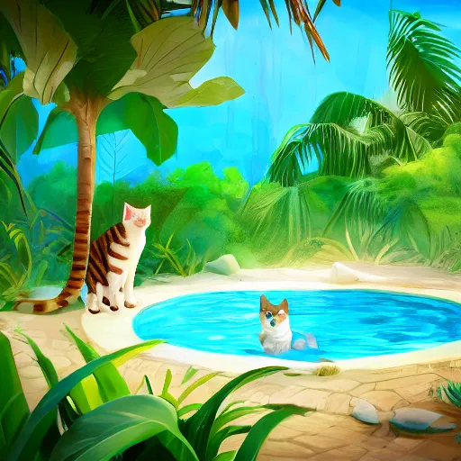 Image similar to swimming pool in the middle of the jungle a cat and a dog playing around , empty beach chair , highly detailed, digital painting, artstation, concept art