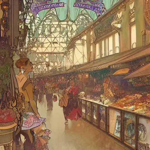 Prompt: a beautiful picture of a magical market in steampunk Paris by Alphonse Mucha, vintage color scheme, trending on Artstation
