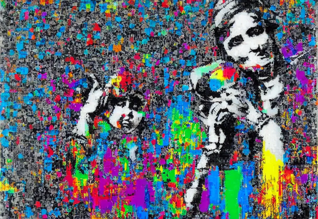 Prompt: full color banksy graffiti with statement of ai art is not art, detailed, realistic, glitch art effect