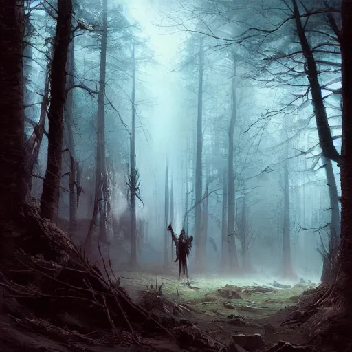 Prompt: ''cinematic shot'' dark hooded mage using his magic to create zombies in the dead forest with leaves falling simetrical 8 k atmosferic realistic made by ivan aivazovsky, peter mohrbacher, greg rutkowski volumetric light effect broad light oil painting painting fantasy art style sci - fi art style realism premium prints available artwork unreal engine