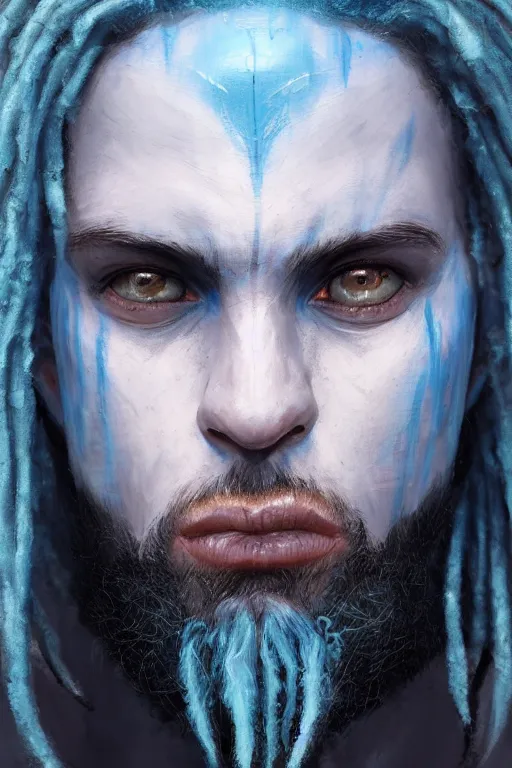 Prompt: portrait of a blue skin genasi with a square jaw from d & d by greg rutkowski, blue skin, caucasian, black dreadlocks and small beard, tempest priest, runic rings, d & d character, blue, ocean background, highly detailed portrait, digital painting, artstation, concept art, smooth, sharp foccus ilustration, artstation hq