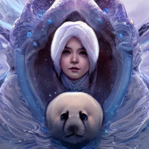 Image similar to portrait of omnipotent baby harp seal, ice and glaciers, arctic, fantasy, intricate, elegant, highly detailed, digital painting, smooth, sharp focus, illustration, art by artgerm and greg rutkowski and alphonse mucha