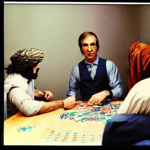 Image similar to 80's polaroid photo of saul goodman playing poker with the taliban