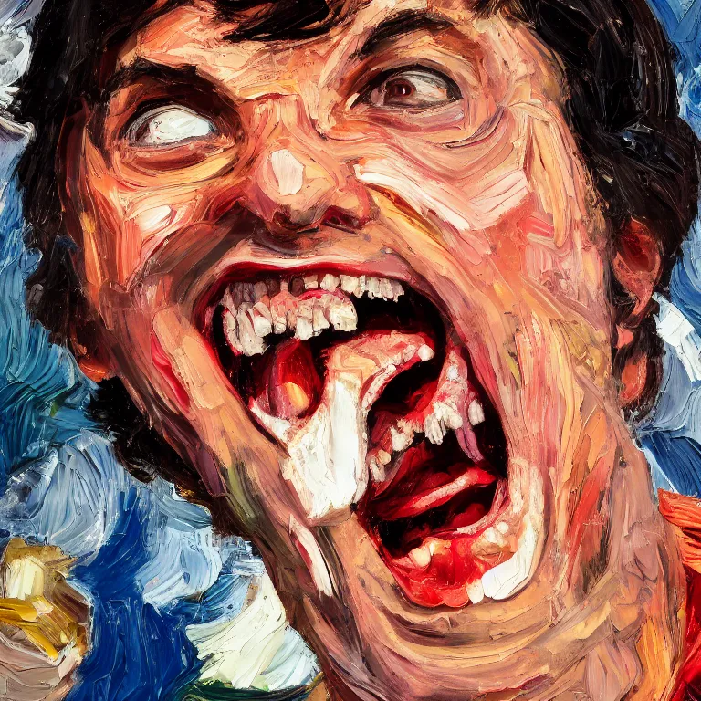 Image similar to warmly lit close up studio portrait of young angry! screaming Paul McCartney in 1965 furious!, impasto oil painting thick brushstrokes by Lucian Freud and Cy Twombly and Tim Hawkinson , trending on artstation dramatic lighting Expressionism