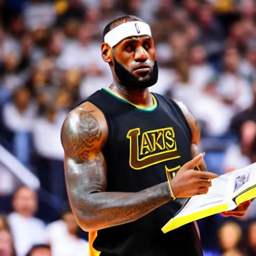 Prompt: professional close up shot photograph of lebron james reading a book while in an nba game, wearing nba jersey, standing, award - winning photograph, clear image, as seen on getty images, smooth