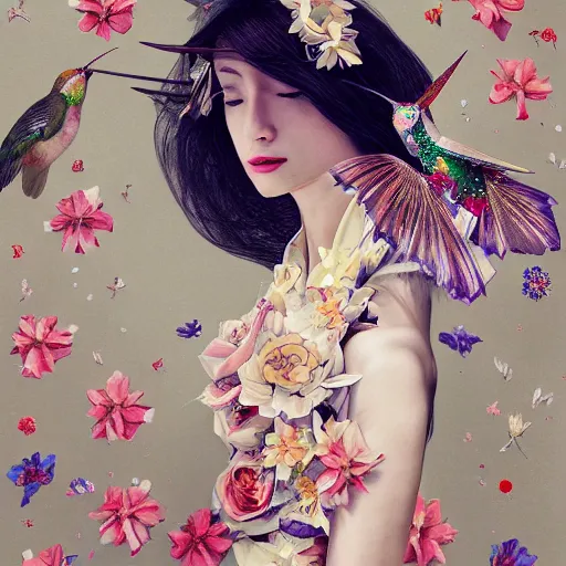 Image similar to 3 / 4 view of a beautiful girl wearing an origami dress, eye - level medium shot, fine floral ornaments in cloth and hair, hummingbirds, elegant, by eiko ishioka, givenchy, tran nguyen, by peter mohrbacher, centered, fresh colors, origami, fashion, detailed illustration, vogue, high depth of field, japanese, reallusion character creator