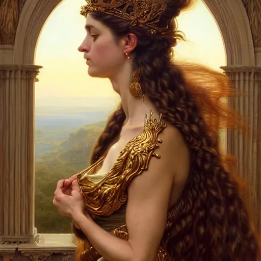 Image similar to highly detailed portrait of a majestic lioness queen in the form of a beautiful woman. d & d. art by donato giancola, franz xaver winterhalter, evelyn de morgan, bastien lecouffe - deharme. trending on artstation, intricate details, energetic composition, golden ratio, concept art, illustration, elegant art, global illuminaition