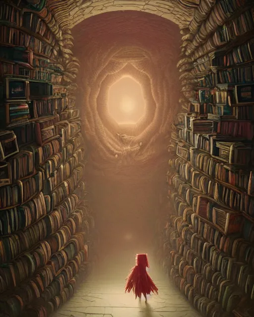 Image similar to highly detailed surreal vfx portrait of a creepy monster in a catacomb of books, stephen bliss, unreal engine, greg rutkowski, loish, rhads, beeple, makoto shinkai and lois van baarle, ilya kuvshinov, rossdraws, tom bagshaw, alphonse mucha, global illumination, detailed and intricate environment