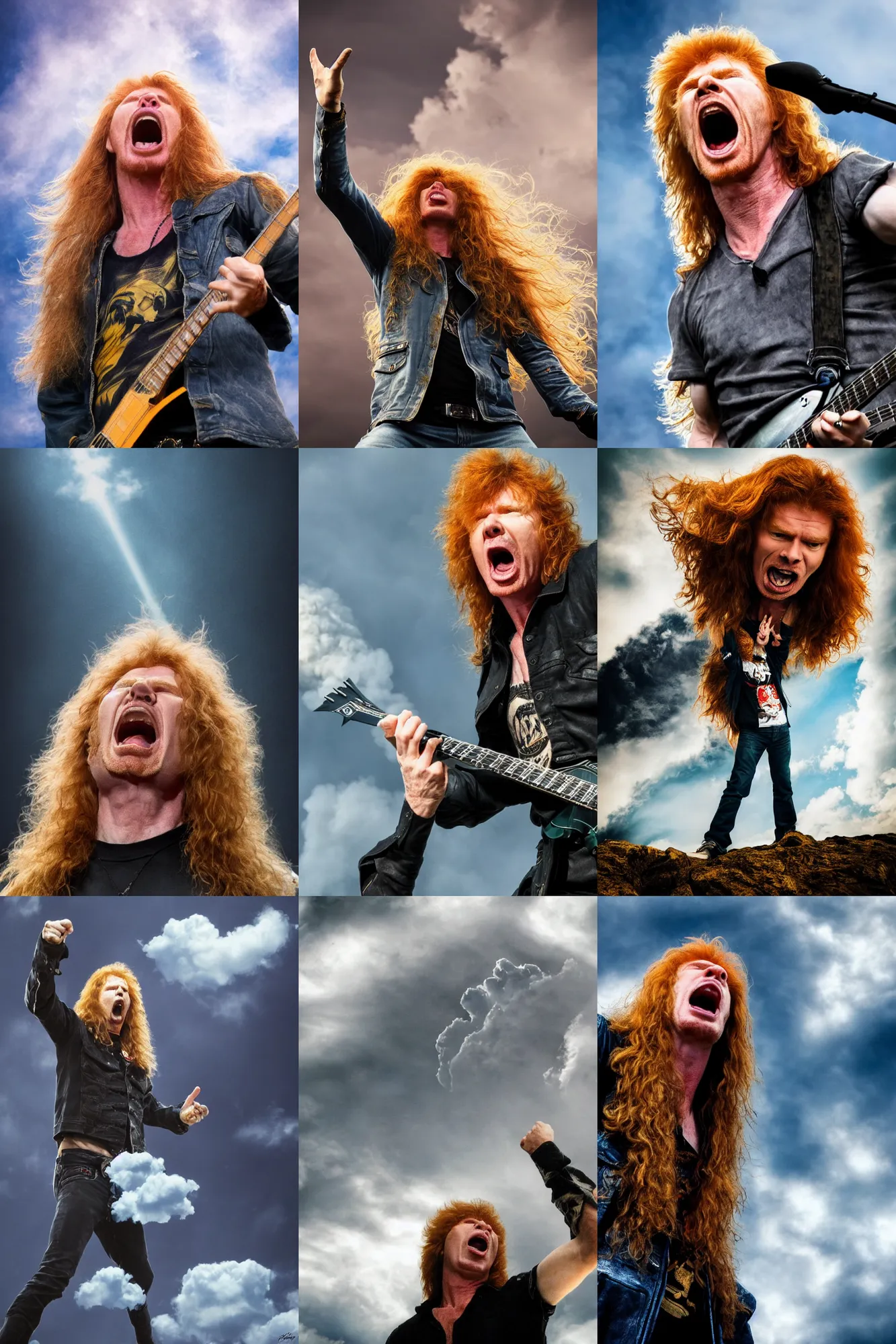 Prompt: photo of dave mustaine looking up, yelling at a cloud, high quality, 4 k