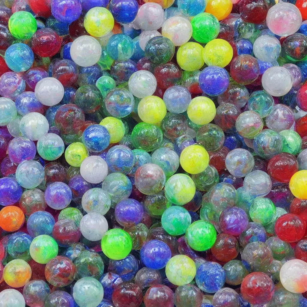 Image similar to 20 marbles big and small covered in thick transparent slime