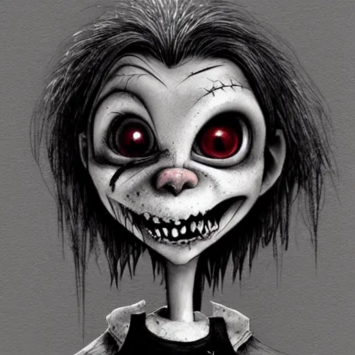 Image similar to grunge cartoon drawing of a cute chucky by - michael karcz , in the style of corpse bride, loony toons style, horror themed, detailed, elegant, intricate