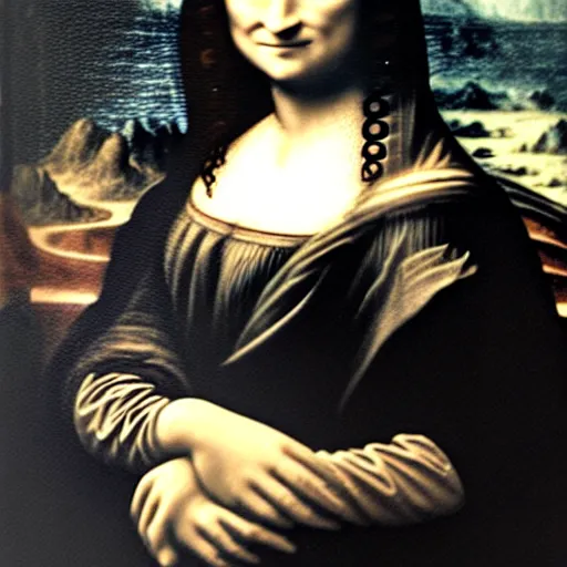 Image similar to a 1900s burned grainy photograph of Mona Lisa dressed in victorian clothes