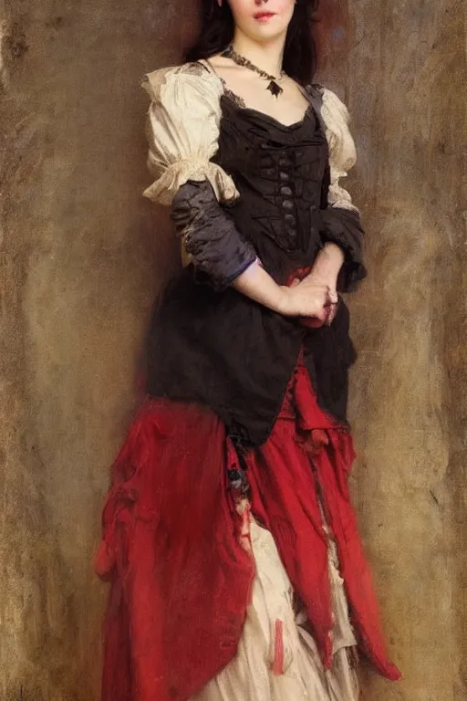 Image similar to Solomon Joseph Solomon and Richard Schmid and Jeremy Lipking victorian genre painting full length portrait painting of a young beautiful woman traditional german french actress model pirate wench in fantasy costume, red background