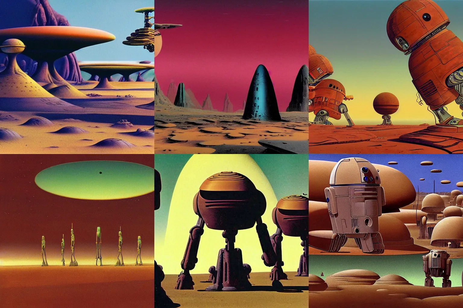 Prompt: matte painting of droids in an abstract alien landscape by moebius and Roger Dean