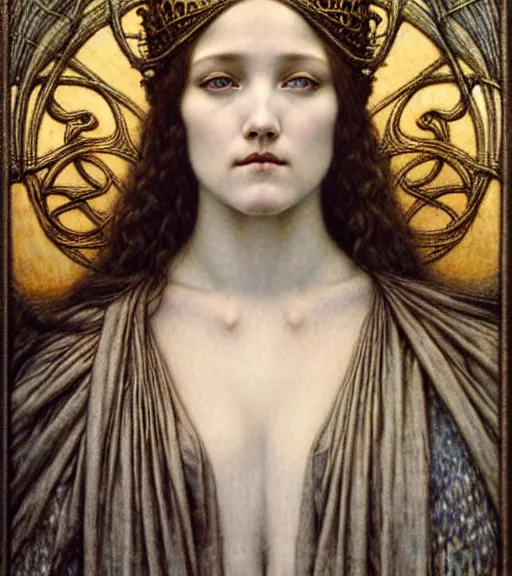 Image similar to detailed realistic beautiful young medieval queen face portrait by jean delville, gustave dore and marco mazzoni, art nouveau, symbolist, visionary, gothic, pre - raphaelite. horizontal symmetry