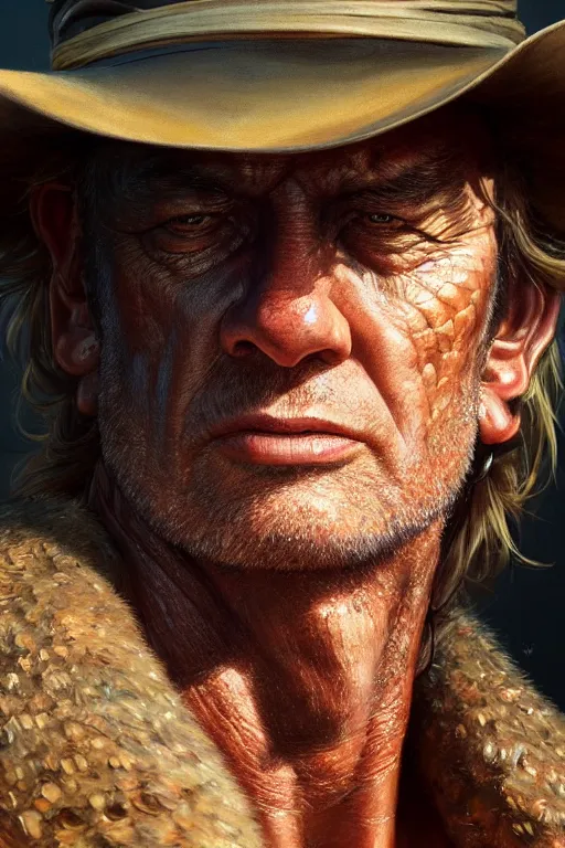 Image similar to ultra detailed close up facial portrait of crocodile dundee, extremely detailed digital painting, in the style of fenghua zhong and ruan jia and jeremy lipking and peter mohrbacher, mystical colors, rim light, beautiful lighting, 8 k, stunning scene, raytracing, octane, trending on artstation