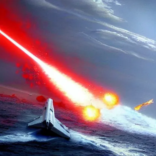 Prompt: Venator class star destroyer crashing into the Pacific ocean.