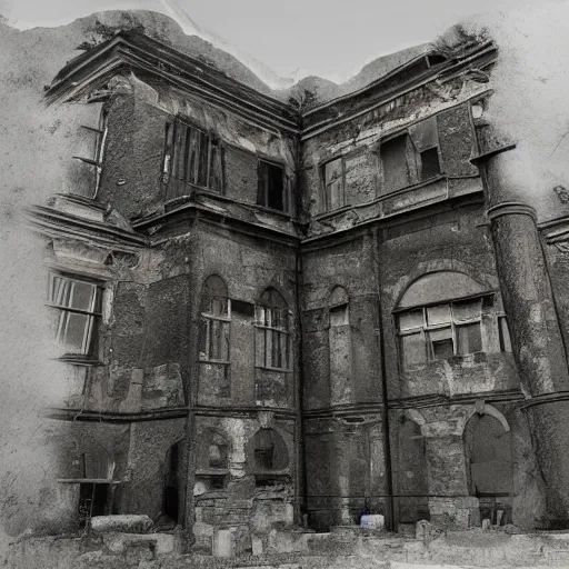 Prompt: an image of an old ruin. an artists pencil sketch of the building in pristine and complete condition has been overlaid onto a photo of the ruin using double exposure