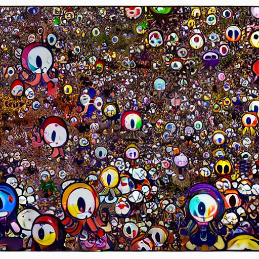 Prompt: A wide shot of a swarm of demons flying up from the depths of Hell in the style of Takashi Murakami