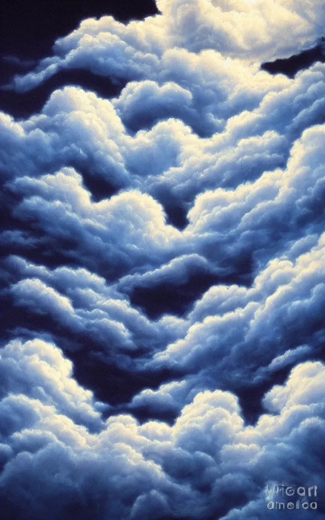 Prompt: blue and white night dramatic airbrushed clouds over black background, airbrush fantasy 80s, realistic detailed masterpiece
