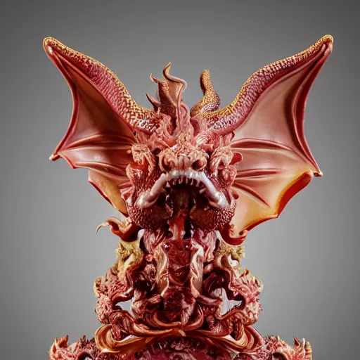 Prompt: a closeup photo, face, rococo alabaster and ruby real delicate ceramic porcelain sculpture of an ornate detailed dragon god in front of an intricate background by rafael, micro detail, backlit lighting, subsurface scattering, translucent, thin porcelain, fire, flames, amber, octane renderer, colorful, physically based rendering, trending on cgsociety