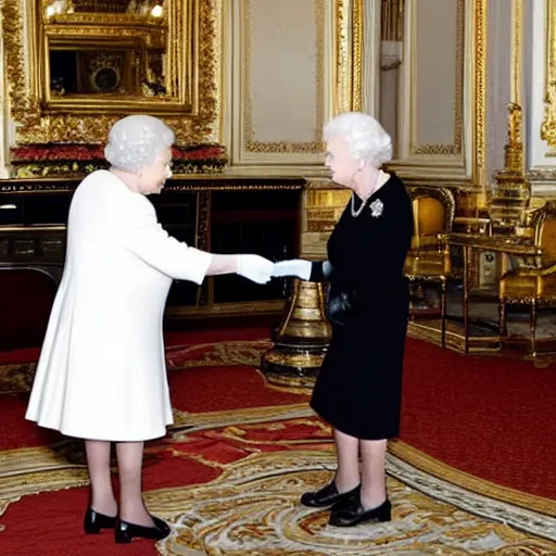 Prompt: Queen Elizabeth playing with a android white robot in the Buckingham palace