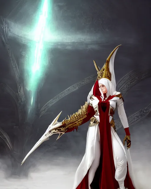 Prompt: red - haired final fantasy white marble egyptian nun knighting a dragon, warframe armor, regal, attractive, ornate, sultry, sexy, beautiful, elize theron, pretty face, green eyes, scifi platform, 4 k, ultra realistic, epic lighting, illuminated, cinematic, black gold, art by alexandra petruk, voidstar