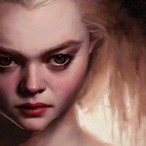 Prompt: ultra realistic portrait painting of elle fanning in bloodborne, art by frank frazetta, 4 k, ultra realistic, highly detailed, epic lighting