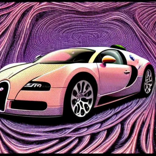 Prompt: bugatti veyron in the style of tool, alex grey