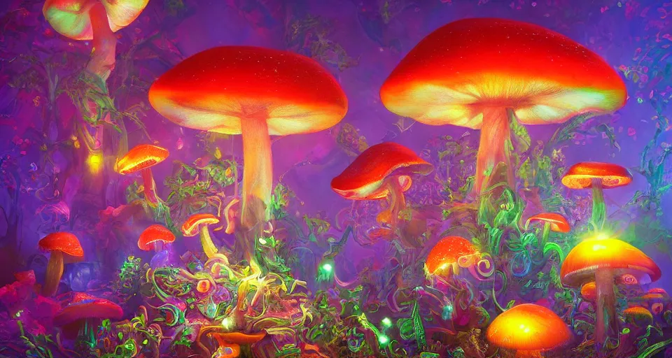 Image similar to a beautiful painting of trippy mushrooms by Tokio Aoyama, Mario Martinez, David Normal. photorealistic, trending on artstation, dramatic lighting, 8K, fantasy beautiful, surreal, cinematic.