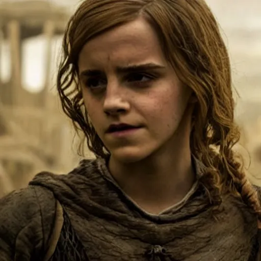 Prompt: ashamed emma watson as hermione granger in that infamous game of thrones scene