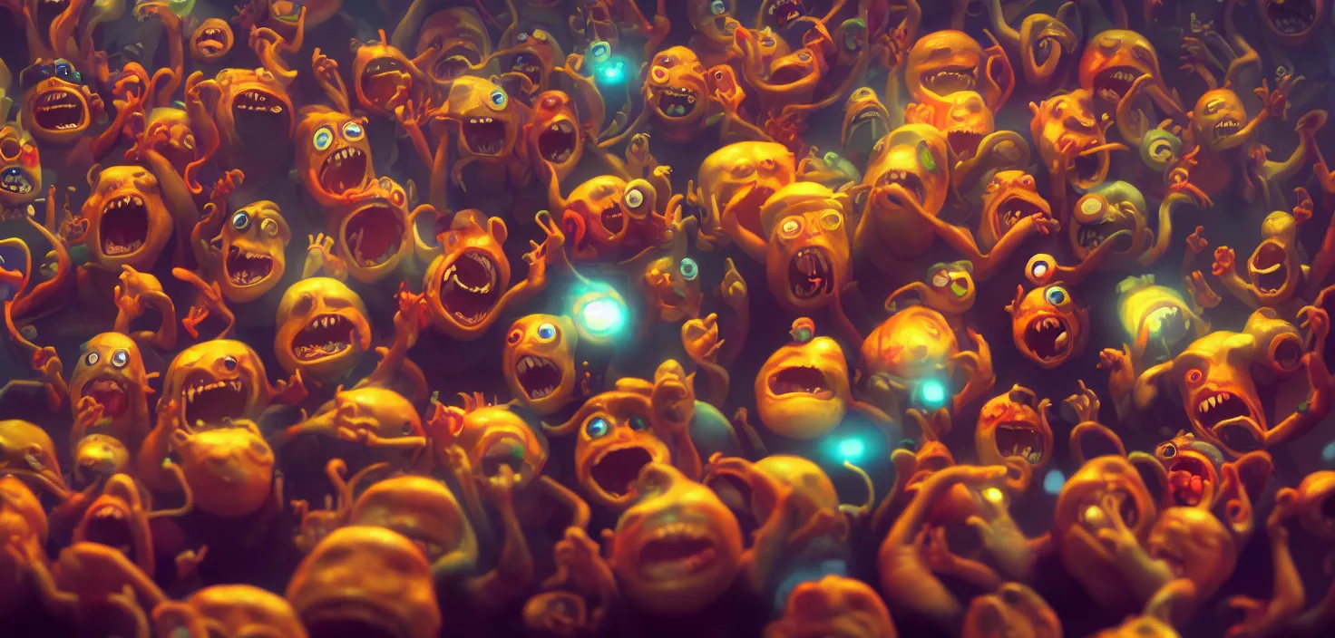 Prompt: screaming crowd, in the style of craola, shallow depth of field, highly detailed, digital painting, trending artstation, concept art, illustration, cinematic lighting, vibrant colors, photorealism, epic, octane render