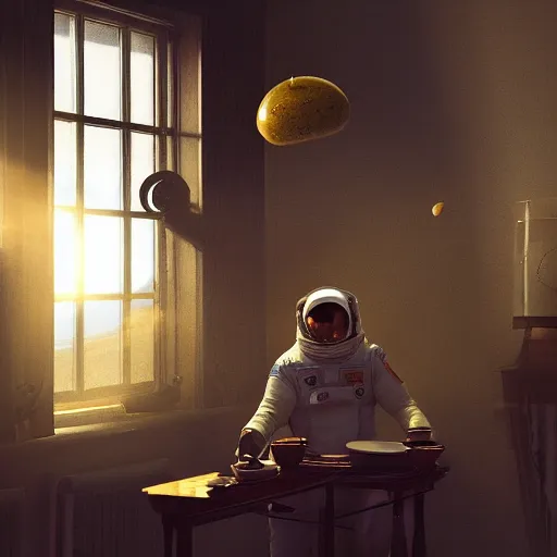 Image similar to a single cosmonaut in a spacesuit drinks a steaming cup of tea at an old wooden desk in a richly decorated Victorian house. the autumn light comes in through a window and dimly illuminates the room, diffuse light, octane render