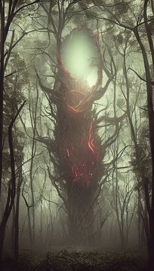 Image similar to a storm vortex made of many demonic eyes and teeth over a forest, by beeple