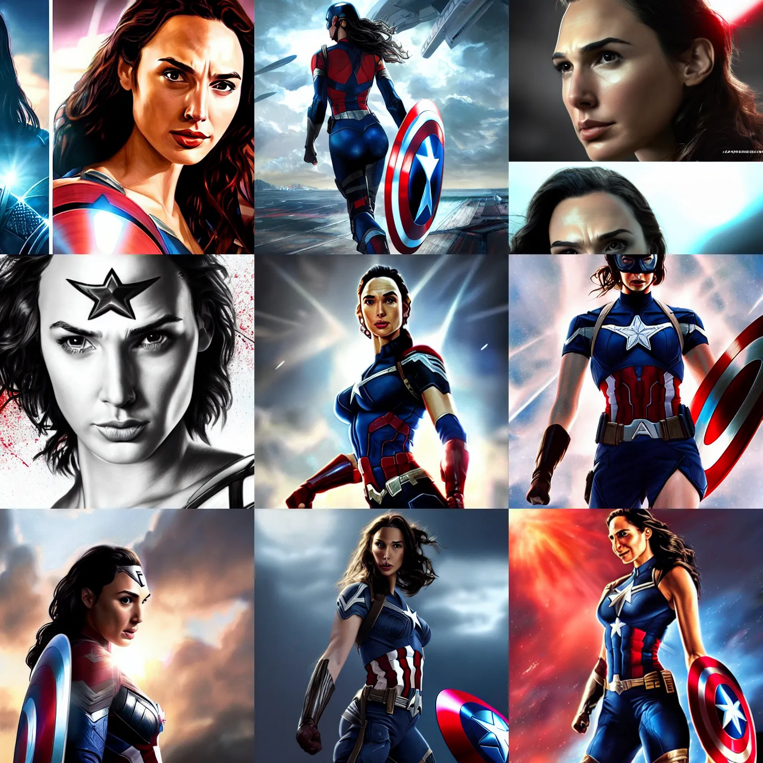 Prompt: photorealistic art of gal gadot as captain america, dynamic lighting, space atmosphere, hyperrealism, stunning visuals