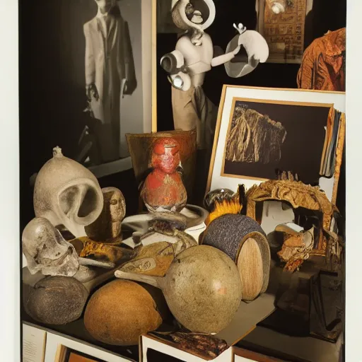 Image similar to A three color offset photography of surrealist objects on display, anthropology of wonder, surrealisme, exotic artifacts, colonial expedition, catalog exhibition, 60s style