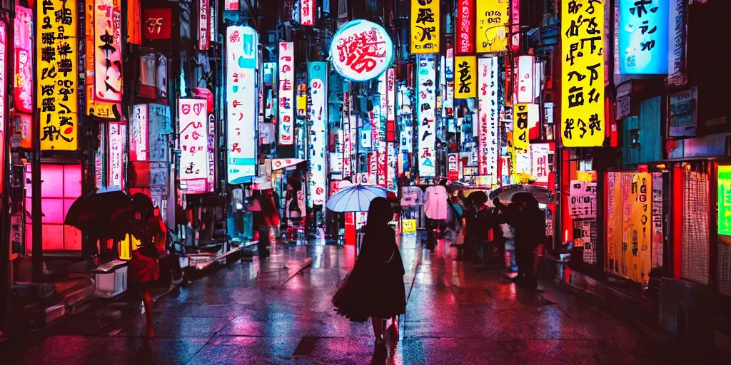 Prompt: A japanese girl holding an umbrella in the neon-lit streets of Osaka at night. Award winning photo