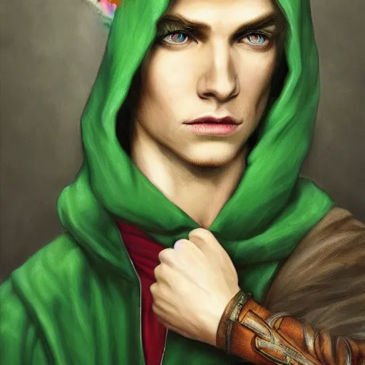 Prompt: masterpiece Annie Leibovitz photograph of a male elf with blonde hair and blue eyes, wearing a green cloak, by artgerm, 4k, masterpiece, uhd , detailed