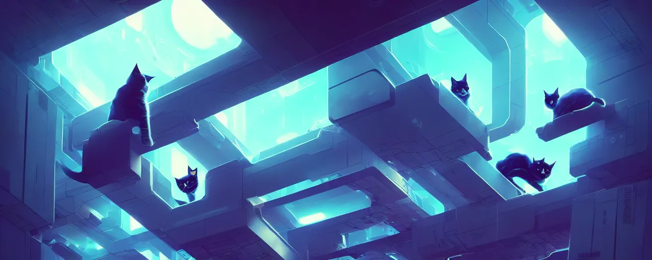 Image similar to duotone noir scifi concept illustration of lowpoly cats inside box floating zero gravity glowing 3 d mesh portals futuristic, glowing eyes, octane render, surreal atmosphere, volumetric lighting. accidental renaissance. by sachin teng and sergey kolesov and ruan jia and heng z. graffiti art, scifi, fantasy, hyper detailed. trending on artstation