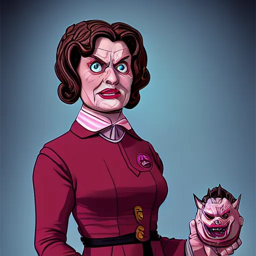 Image similar to Dolores Umbridge evil with red eyes and sharp teeth, highly detailed, digital painting, artstation, concept art, smooth, sharp focus, studio light, by Dan Mumford,