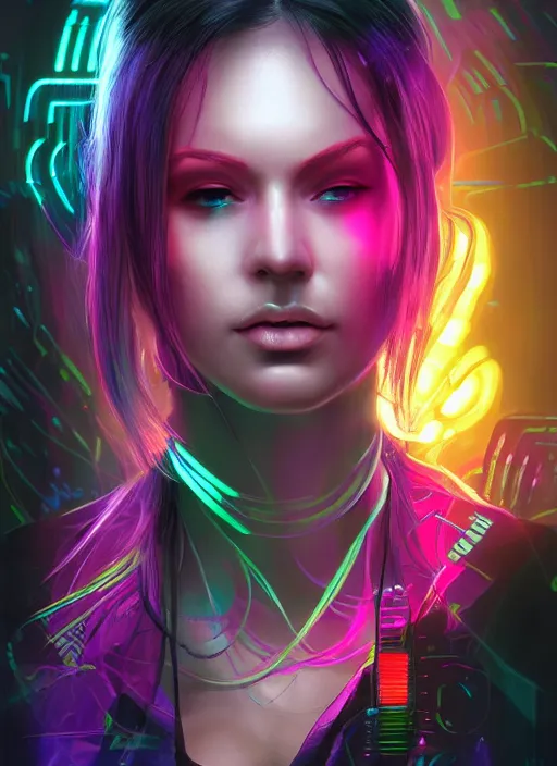 Image similar to portrait of cyberpunk woman surrounded by fluorescent and slimy scales, illutration by Artgerm, highly detailed, trending on artstation