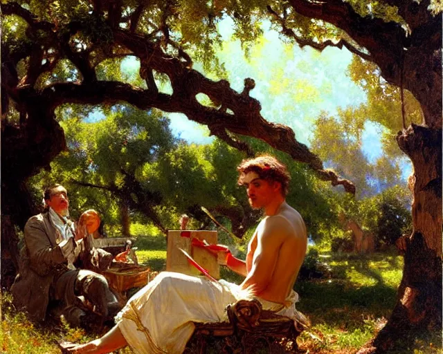 Image similar to painter painting underneath oak tree, painting by gaston bussiere, craig mullins, j. c. leyendecker