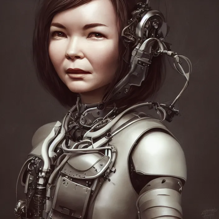 Image similar to hyper - realistic bjork leather cyborg - by tom bagshaw, by ilya kuvshinov, rtx rendering, octane render 1 2 8 k, maya, extreme high intricate details by wlop, digital anime art by ross tran, medium shot, close up shot, composition by sana takeda, dramatic lighting by greg rutkowski, 8 k, trending on artstation