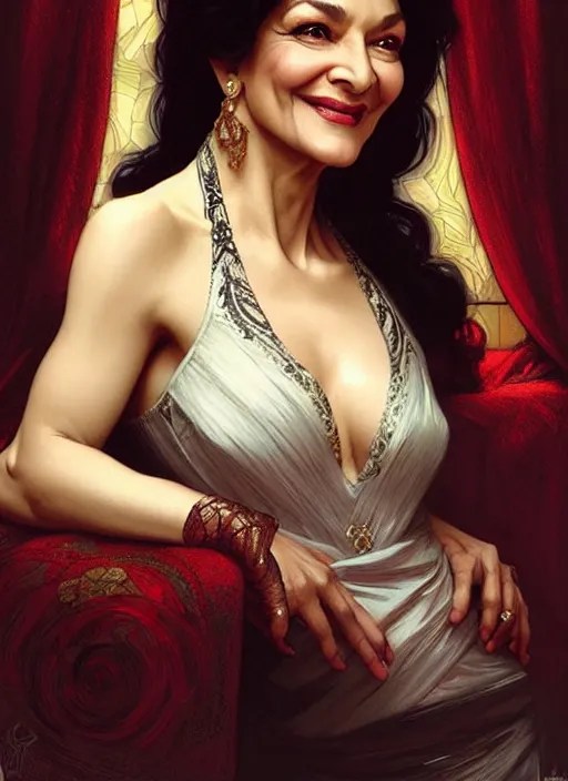 Prompt: “ shohreh aghdashloo as femme fatale smiling and winking, intricate, elegant, highly detailed, digital painting, artstation, concept art, smooth, sharp focus uhd 8 k, art by artgerm and greg rutkowski and alphonse mucha ”