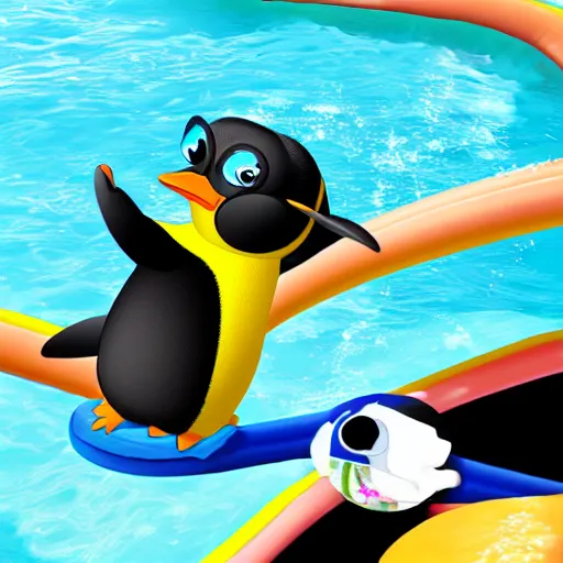 Image similar to a cartoon penguin going down a waterslide