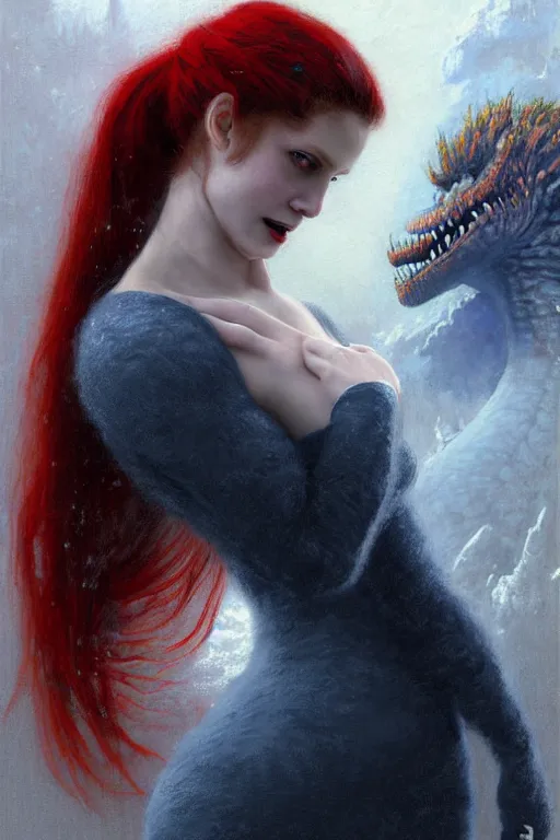 Image similar to extremely detailed painting of a beautiful vampire with red eyes and long red hair in a ponytail, in a white woollen turtleneck dress, looking at a small fat blue shin - godzilla, painting by gaston bussiere, craig mullins, greg rutkowski,